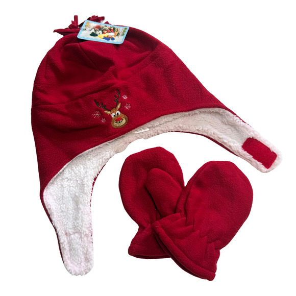 SimpliKids Fleece Sherpa Lined Reindeer Kids Winter Hat & Mittens Set 2-4 Years - Picture 1 of 10